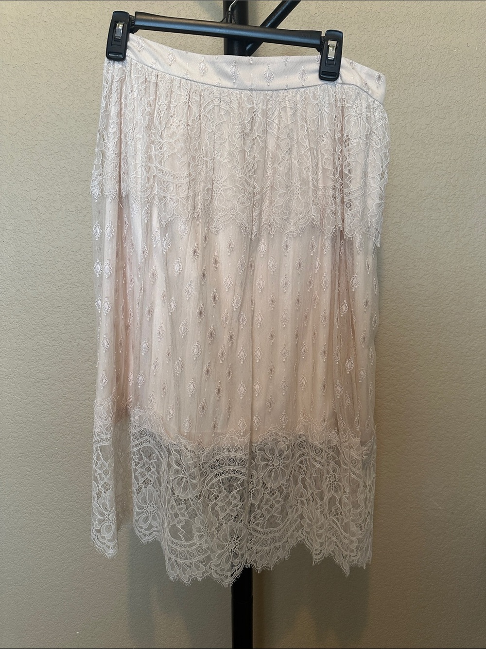 H&M Cream Lace Midi Skirt with Sheer Overlay